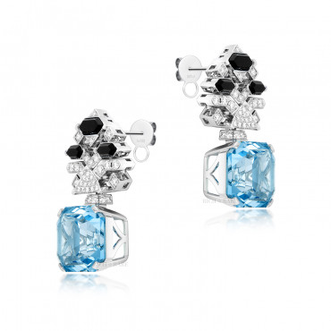AQUAMARINE, ONYX AND DIAMOND EARRINGS